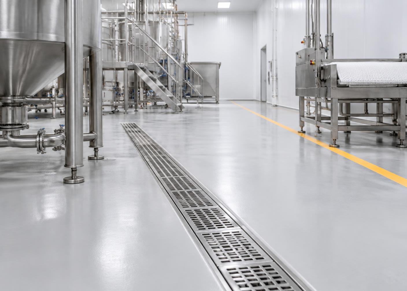 Detalle de piso continuo y drenaje sanitario en planta de alimentos